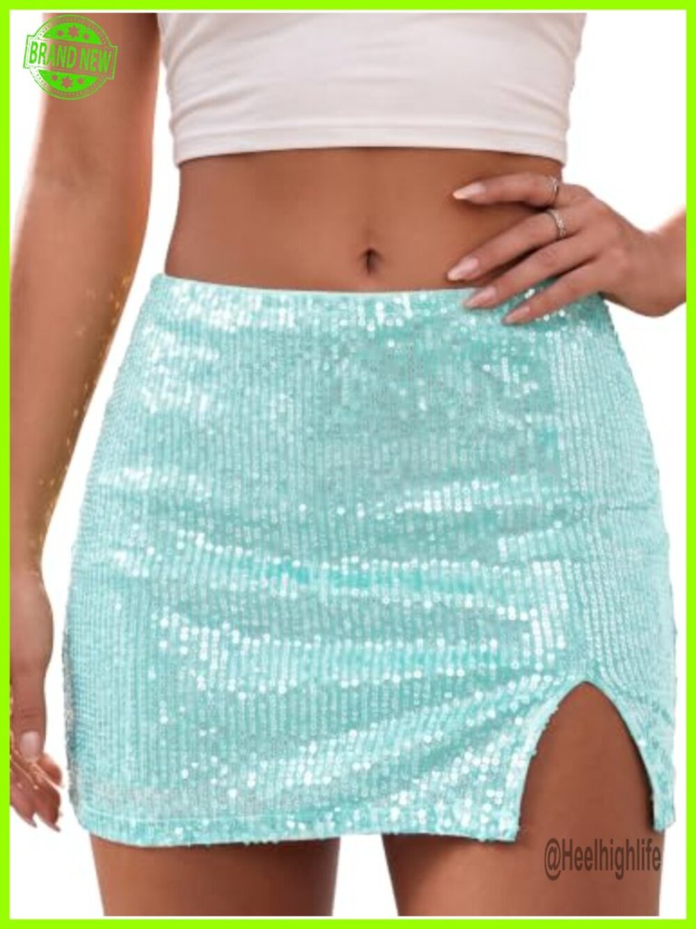 Sequin Stretchy Mini Skirt Y2K Party Club Night Out Side Slit Pull-On